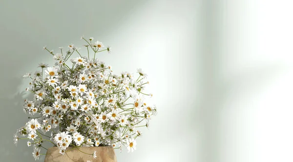 Fresh Beautiful White Yellow Chamomile Daisy Flower Bouquet Brown Pot — Stock Photo, Image