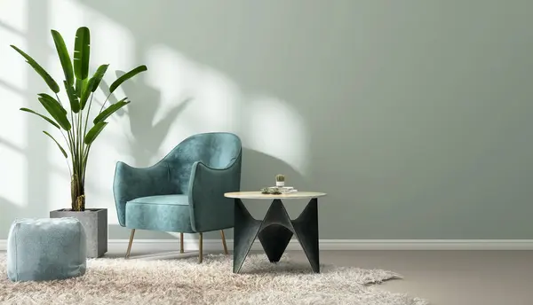 Turquoise blue retro mid century cushion armchair, fur rug, tropical banana tree, stool, coffee table in sunlight on pastel green wall, gray parquet floor living room for luxury interior background 3D