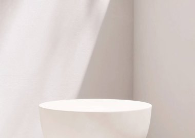 Temiz, pürüzsüz, minimal, modern beyaz yuvarlak taş podyum, güneş ışığı, lüks organik kozmetik, cilt bakımı için beton köşe duvarı gölgesi, güzellik tedavisi arka plan 3 boyutlu