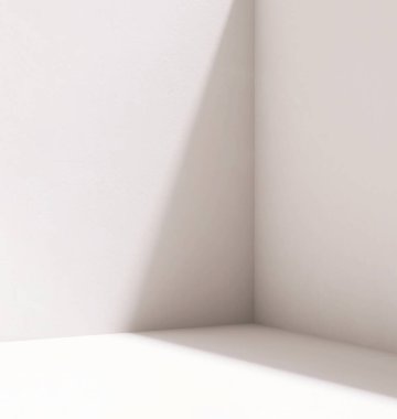 Pürüzsüz beyaz duvarın boş köşesi ve güneş ışığında zemin, modern, minimal iç tasarım için gölge, mimari, lüks ürün gösterim arka planı 3D