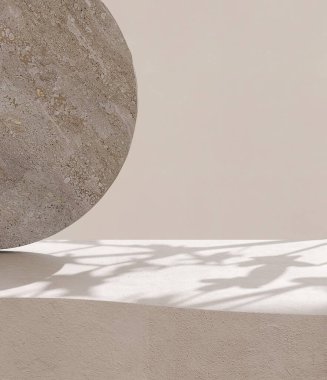 Boş bej eğimli beton tezgah podyumu dokusu, yumuşak güneş ışığı, duvarda yaprak gölgesi, lüks yaz kozmetik, cilt bakımı için gri düz kaya, güzellik ürünü soyut sanat arka planı 3D