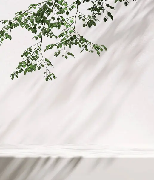 Minimaler Moderner Tisch Aus Weißem Marmor Tropischer Baum Sonnenlicht Blattschatten Stockfoto