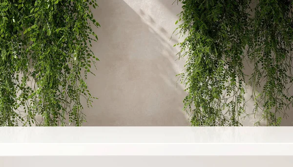 Luxus Glänzend Leerer Weißer Marmorsteintisch Laub Tropischer Hängender Baumzweige Sonnenlicht Stockfoto