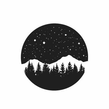 Yıldızlı Gece silueti, Temiz Siyah ve Beyaz Vektör Siluet Sanatı.
