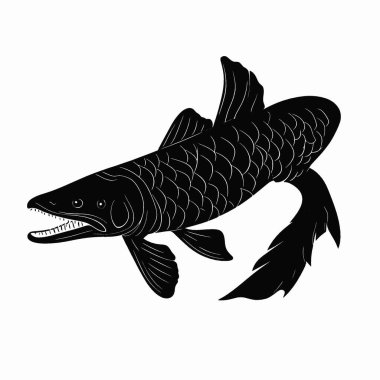 Arapaima silueti, Siyah ve Beyaz Siluet Tasarım Vektörü Simgesi.