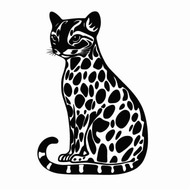Ocelot silueti, Tarz Siyah ve Beyaz Simge Düz Vektör Tasarımı.