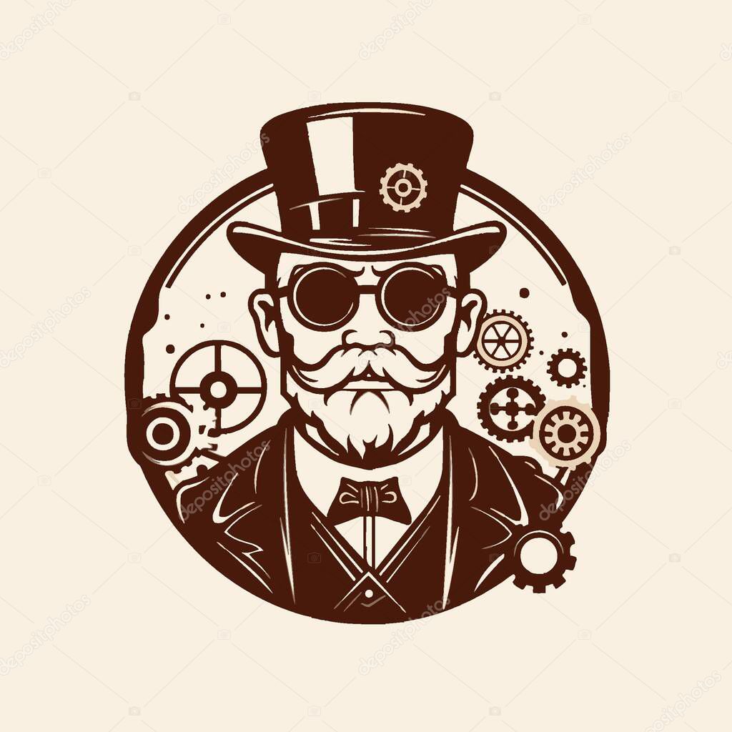 Steampunk Inventor Logo Vector Art in Plain Background.
