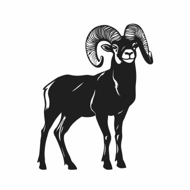 Bighorn Koyun silueti, Tasarım için Siyah ve Beyaz Siluet Vektör Simgesi.