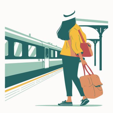 Tren İstasyonundaki Kadın Seyahat Etme Vectorin Ovası Arkaplanı.
