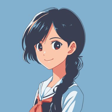 Gülümseyen Öğrenci Anime Stili Vektör Sanat Basit Neşeli Öğrenci Çizimi, Manga Kız Simgesi Tasarımı.