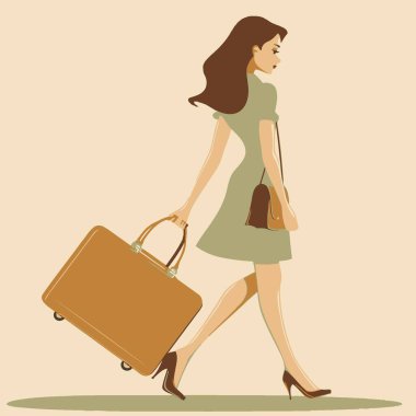 Woman with a Vintage Suitcase Travel Related Vector. clipart