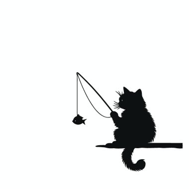 Balıkçı Kedi silueti, Temiz Siyah ve Beyaz Vektör Siluet Sanatı.