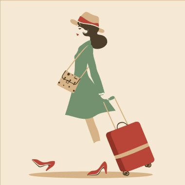 Woman with a Vintage Suitcase Travel Related Vector. clipart