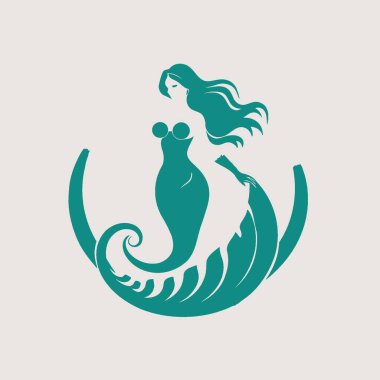 Denizkızı Logo Vektör Sanatı Düz Arkaplan Efsanesi, Fantezi, Yaratık, Simge, Okyanus.