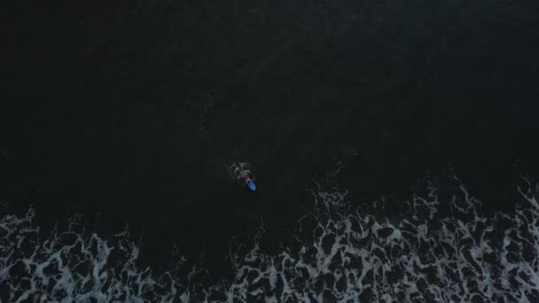 初学者试图赶上他的第一波浪 一个冲浪运动员在海洋中乘风破浪学习捕捉海浪的空中镜头 为初学者提供培训和教学冲浪 — 图库视频影像