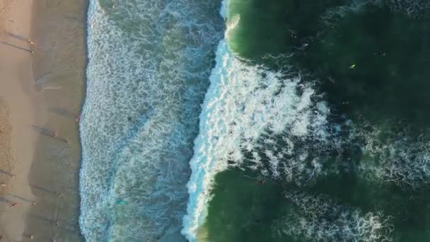Вид Сверху Пляж Индийском Бирюзовом Океане Остров Бали Сёрферы Занимаются — стоковое видео