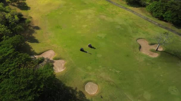 从一个绿色高尔夫球场的无人驾驶飞机上射击 车上有两辆高尔夫球车 一队打高尔夫的人开车穿过田野 从上往下看该领域的景观 — 图库视频影像