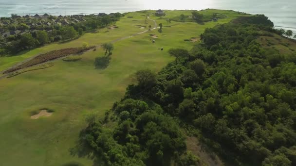 Flygfoto Över Golfklubb Bali Som Ligger Klippa Havet Grön Golfbana — Stockvideo