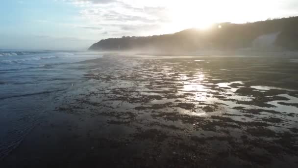 View Setting Sun Ocean Drone Flying Beach Sunset Orange Light — Stock Video