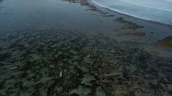 海岸のカヤックの空中ビュー 美しい海底のサンゴ礁と潮の低い海 ビーチでの休暇でのカヤックとアクティブなライフスタイル — ストック写真
