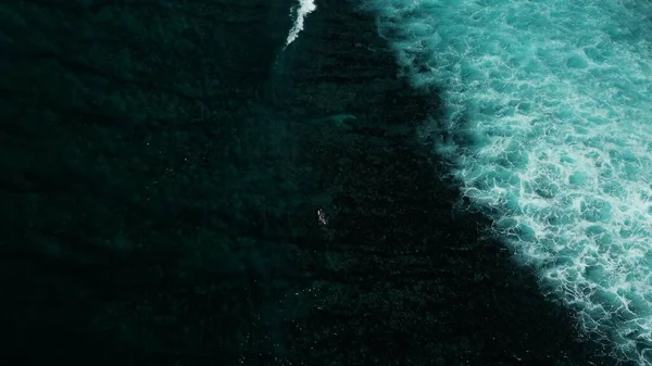 海で泳ぐ孤独なサーファーのトップダウンビューは 水は青色で 強力な波が近くに壊れています サーフィンはラインナップにスワイプ 図は識別できない — ストック写真