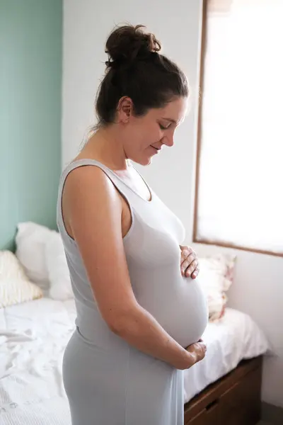 Vista Lateral Plano Medio Una Mujer Morena Embarazada Con Pelo — Foto de Stock