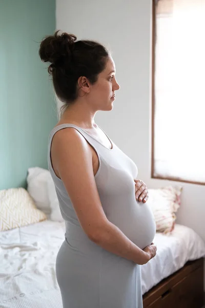 Mittelscharfe Seitenansicht Einer Schwangeren Brünetten Frau Mit Üppigem Haar Die — Stockfoto
