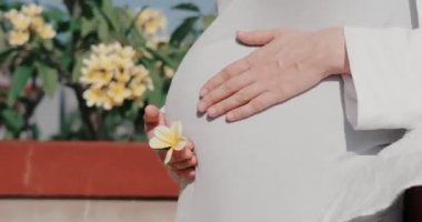 Yakın plan, elinde çiçekle karnını okşayan hamile bir kadının yan görüntüsü. Tasasız annelik, bebek bakımı ve hamilelik..