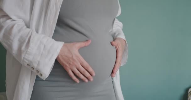 Una Joven Embarazada Con Gran Vientre Ropa Casual Acaricia Vientre — Vídeos de Stock