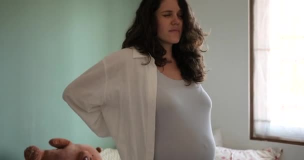 Pregnant Woman Feels Pain Tension Her Back Big Belly Difficulty — Stock Video