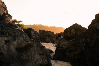 Elinde sörf tahtası olan bir sörfçünün silueti okyanusta sörf yaptıktan sonra gün batımında kayaların arasında yürüyor. Bir sörfçünün sahnesi. Okyanus kıyısında gün batımında, altın saat