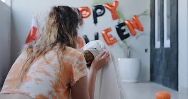 Preparing Halloween Celebration Young Woman Dresses Her Dog Ghost Costume — Stock Video