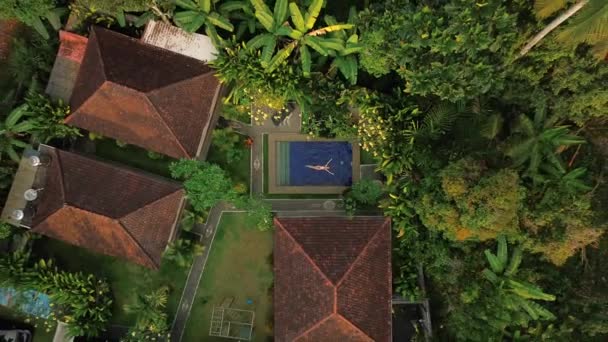鸟瞰的蓝水游泳池座落在热带雨林中 一个穿着红色泳衣的年轻漂亮的女人躺在游泳池里 前往热带岛屿度假和旅行的概念 — 图库视频影像