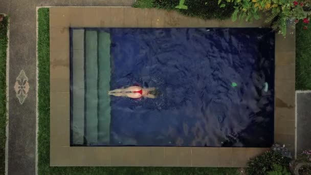 一个身穿红色比基尼的年轻女子在游泳池里游泳的空中图片 在热带国家度假时 游泳池被热带雨林中的绿叶环绕着 在游泳池里度假愉快 — 图库视频影像