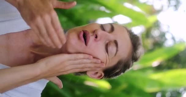 Vertical Portrait Middle Aged Woman Doing Facial Neck Massage Self — Stock Video