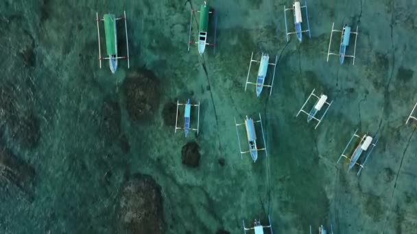 Вид Повітря Рибальські Човни Припарковані Біля Берега Тропічного Острова Балі — стокове відео