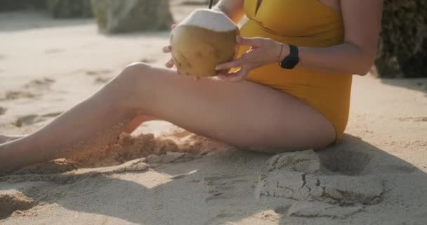 Die Großaufnahme Einer Schwangeren Frau Mit Dickem Bauch Die Strand — Stockvideo