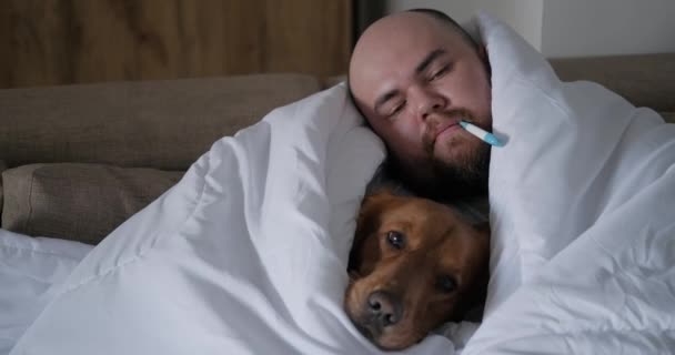 Ein Kranker Mann Und Sein Golden Retriever Hund Liegen Eine — Stockvideo