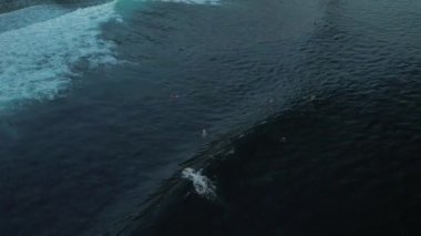 İnsansız hava araçları okyanusta sörf yaparken çekilmiş arka plan videosu. Bali 'deki bir sörfçü gökyüzünden büyük bir dalga yakalıyor. Profesyonel büyük dalga sörfü.