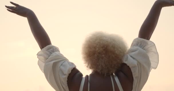 Zadní Pohled Mladou Afroameričanku Bílých Šatech Kudrnatými Vlasy Jak Zdraví — Stock video