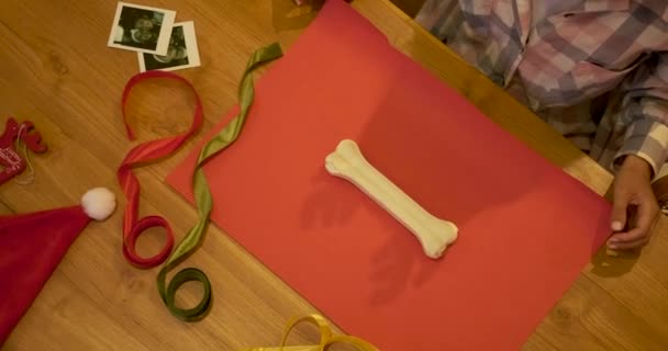 彼女の犬のためにクリスマスプレゼントを包んでいる若い女性の手のオーバーヘッドビュー 犬の骨をギフト紙に包む 鹿のアントラーの影が紙の上に落ちる — ストック動画