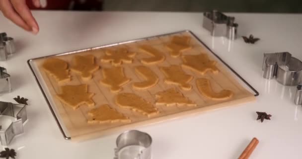 Young Woman Takes Tray Gingerbread Cookies Table Takes Them Away — Stock Video