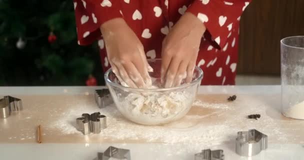 Young Woman Red Pajamas Hearts Background Christmas Tree Kneads Dough — Stock Video