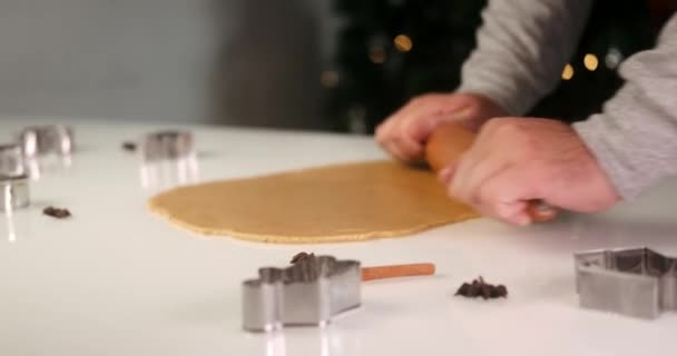 Close Side View Man Hands Rolling Out Gingerbread Dough Christmas — Stock Video