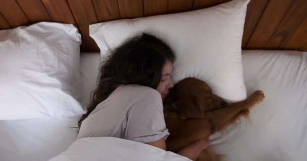 Widok Młodej Kobiety Leżącej Łóżku Przytulającej Swojego Psa Golden Retrievera — Wideo stockowe