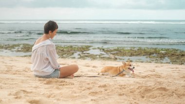 Sahilde tasmalı bir Galli Corgi ile oturan beyaz gömlekli bir kadının arka görüntüsü. Köpek yorgun ve dili dışarıda kumun üzerinde yatıyor. Köpek gezdirme hizmeti konsepti.