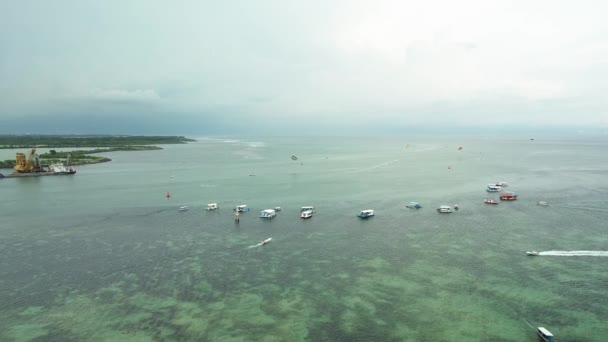 Aerial View Benoa Beach Bali Many Boats Tourists Doing Water — Stock Video