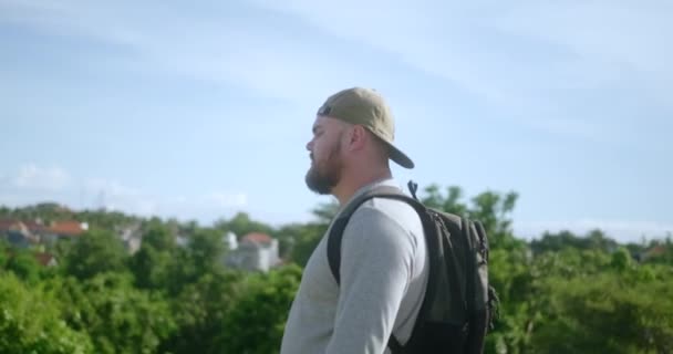 Portrait Young Man Beard Who Engaged Rucking Training Outdoors Backpack — Stock Video