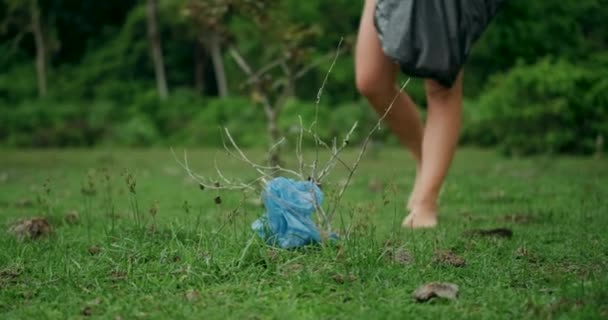 Young Woman Volunteer Green Park Summer Removes Plastic Trash Environmental — Stock Video