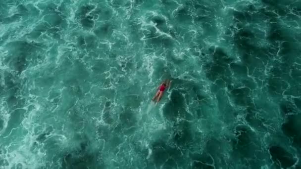サーファーがボード上で泳いでいる海の空中ビューの背景ビデオ サーフボードに横たわっている間 赤い水着の若いセクシーな女性がラインナップに並んでいます 高波でのサーフィン — ストック動画
